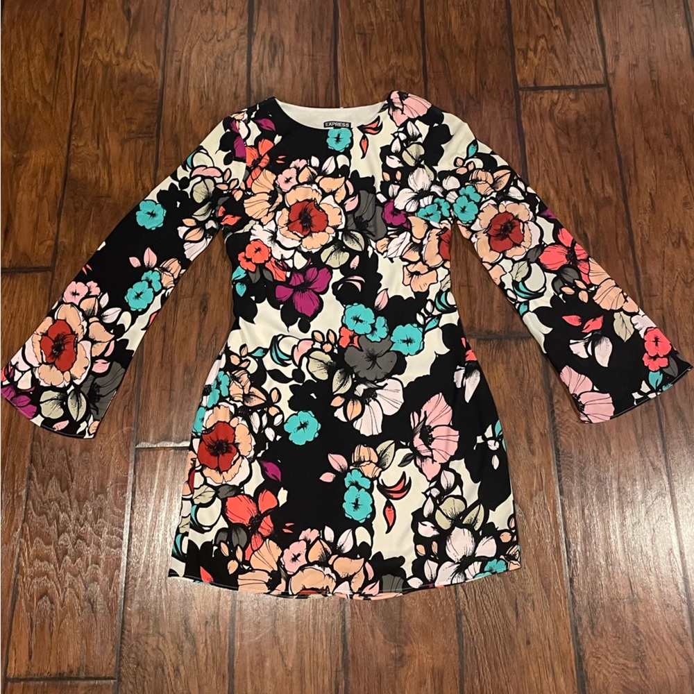 *3 for $25* Express XS Groovy Floral Bell Sleeve Mini Dress with Open Back